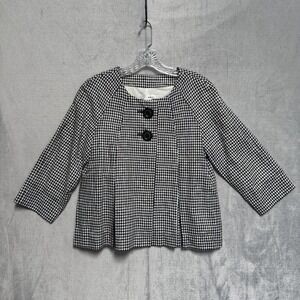 WD-NY Jacket Womens 8 Black White Linen Gingham Collarless Lined 3/4 Sleeve